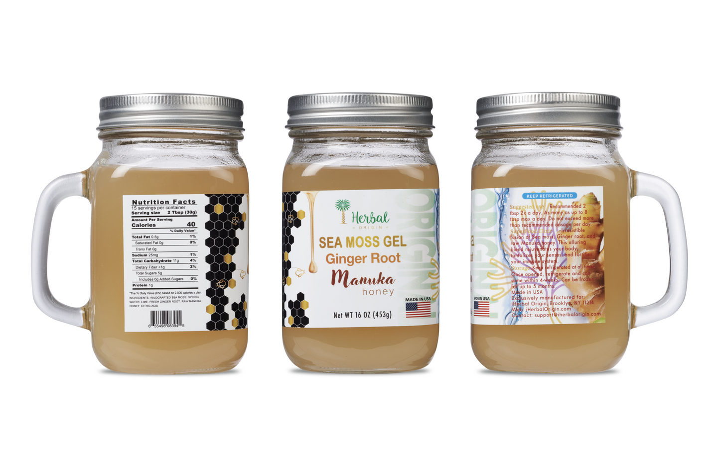Sea Moss Gel | Two Flavors | with Manuka honey & Ginger | Sea moss gel with Orange, Turmeric & Manuka honey | Premium & Tasty | Net WT of Each glass jar 16 OZ (453g) - 2 Glass jars