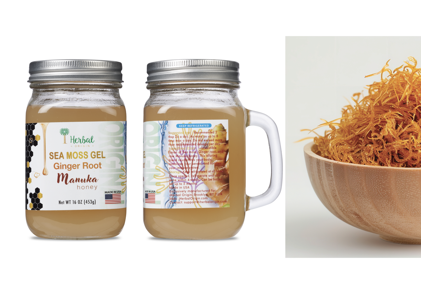 Sea Moss Gel - 2 Glass Jars with raw Manuka Honey & Ginger root | Premium SuperFoods Elixir Net WT. Each jar 16 OZ (453g) - 2 glass jars