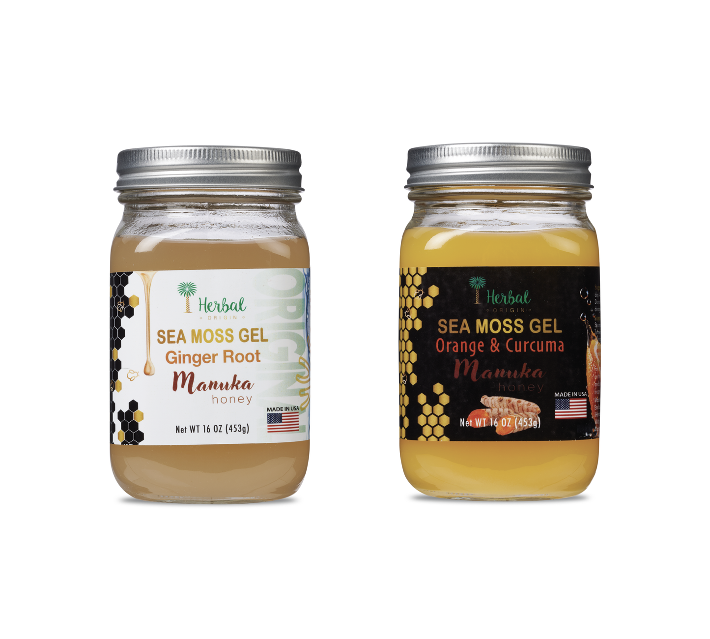 Sea Moss Gel | Two Flavors | with Manuka honey & Ginger | Sea moss gel with Orange, Turmeric & Manuka honey | Premium & Tasty | Net WT of Each glass jar 16 OZ (453g) - 2 Glass jars