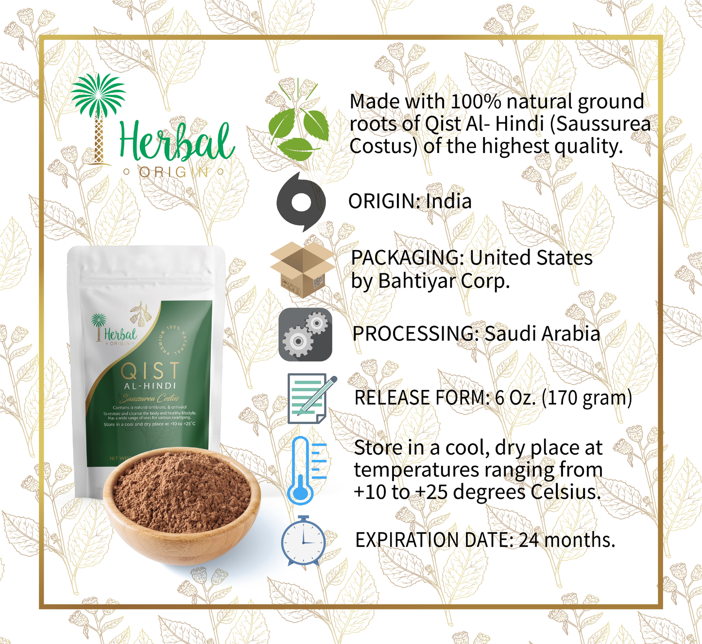Qist Al-Hindi (Saussurea Costus) | Premium Sort Of Costus Root Powder | 100% Organic & Natural Supplement | Powder - Net WT. 6 OZ. (170Gr.)
