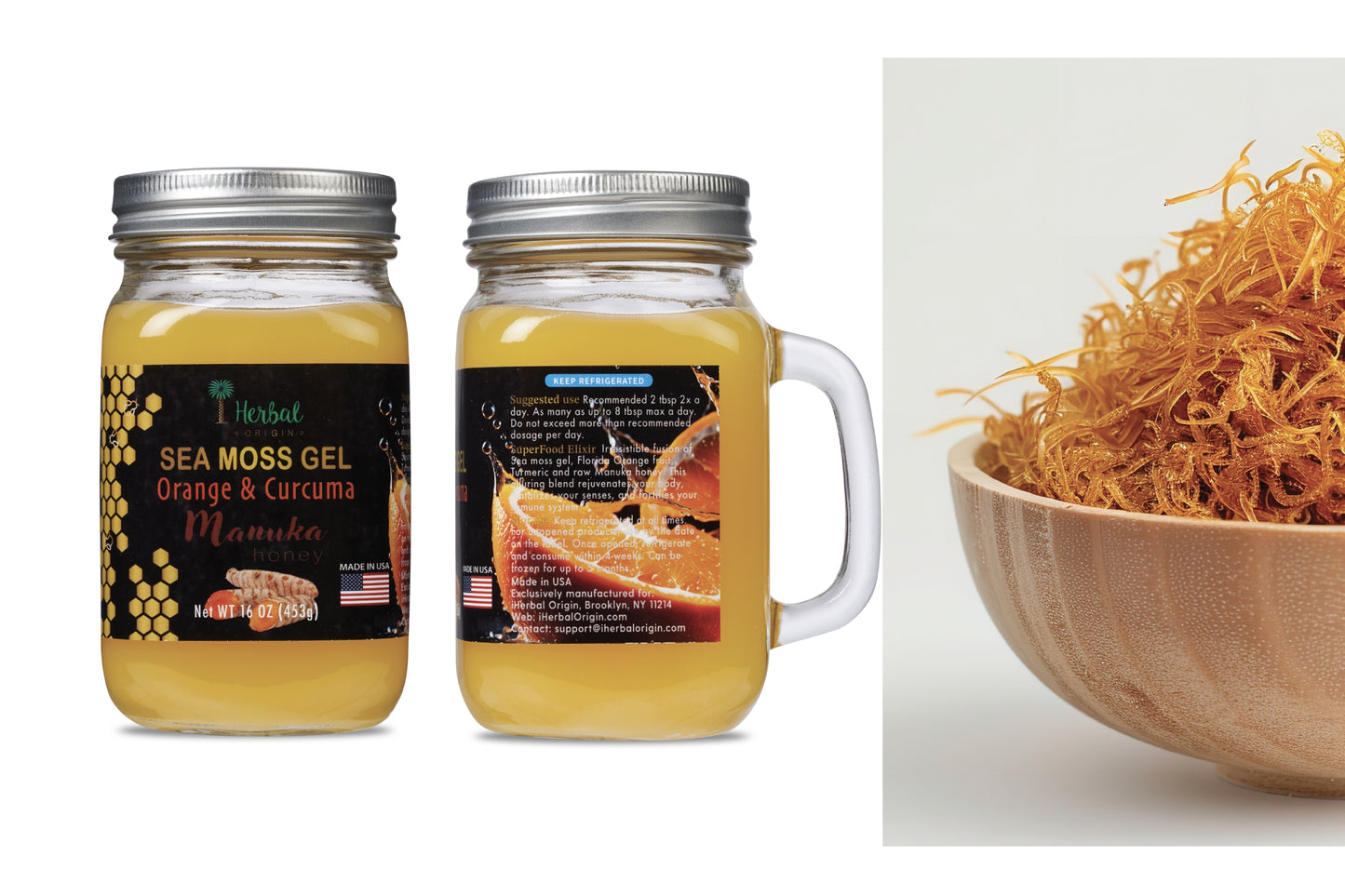 Sea Moss Gel | Two Flavors | with Manuka honey & Ginger | Sea moss gel with Orange, Turmeric & Manuka honey | Premium & Tasty | Net WT of Each glass jar 16 OZ (453g) - 2 Glass jars