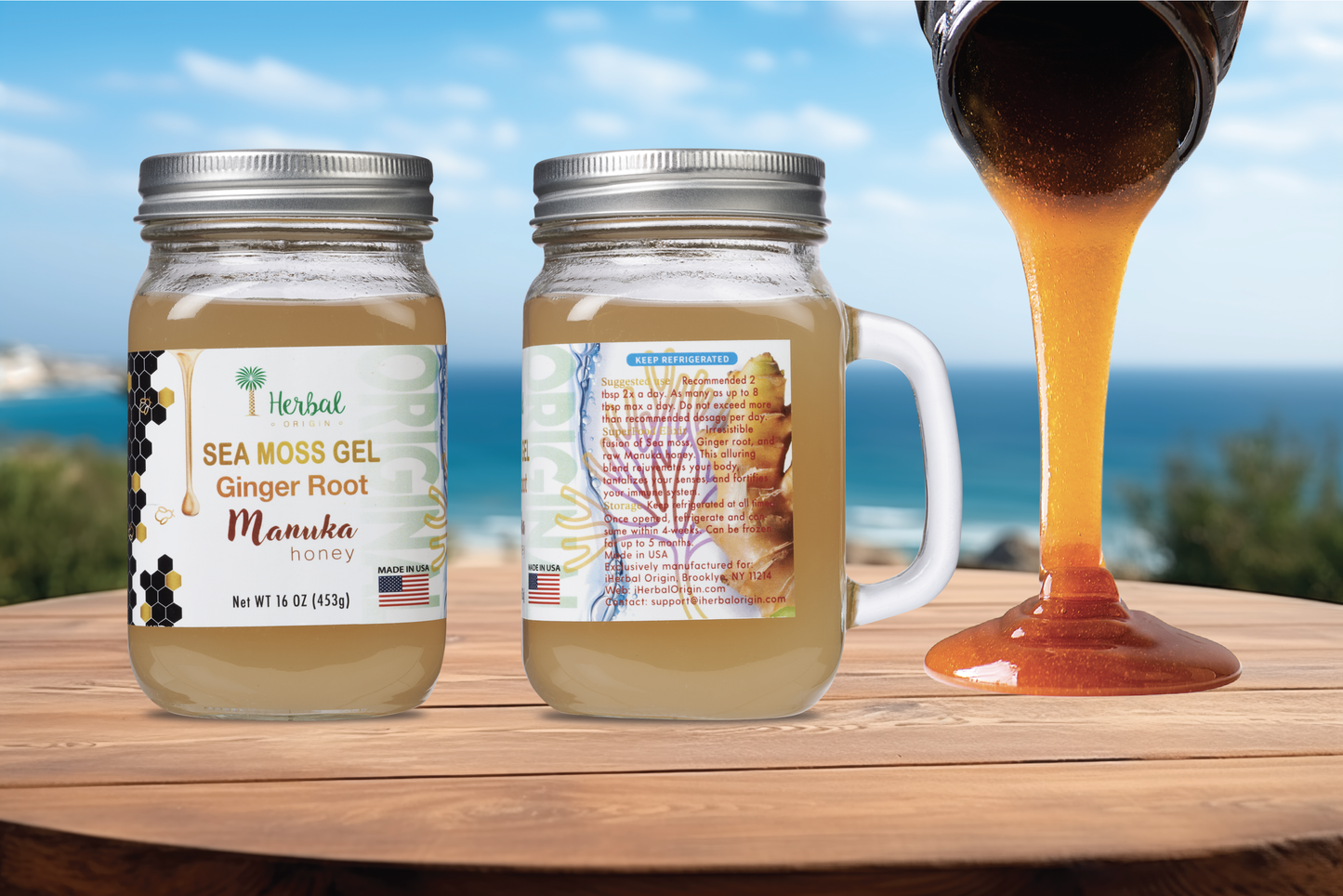 Sea Moss Gel - 2 Glass Jars with raw Manuka Honey & Ginger root | Premium SuperFoods Elixir Net WT. Each jar 16 OZ (453g) - 2 glass jars