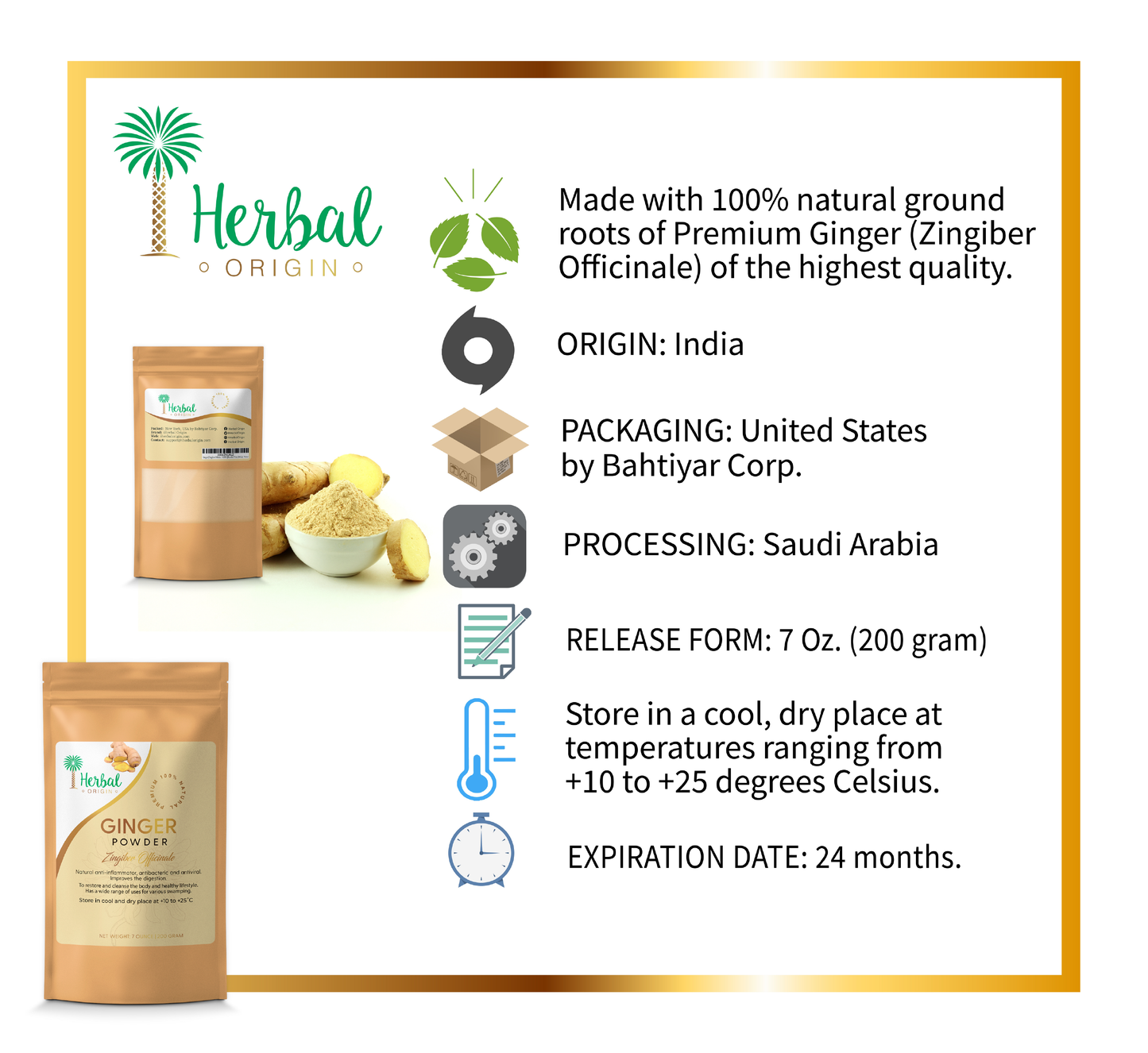 Ginger Root Powder (Zingiber Officinale) | Premium Sort | 100% Natural | Organic Ginger Powder | NET WT. 7 Oz. (200g)